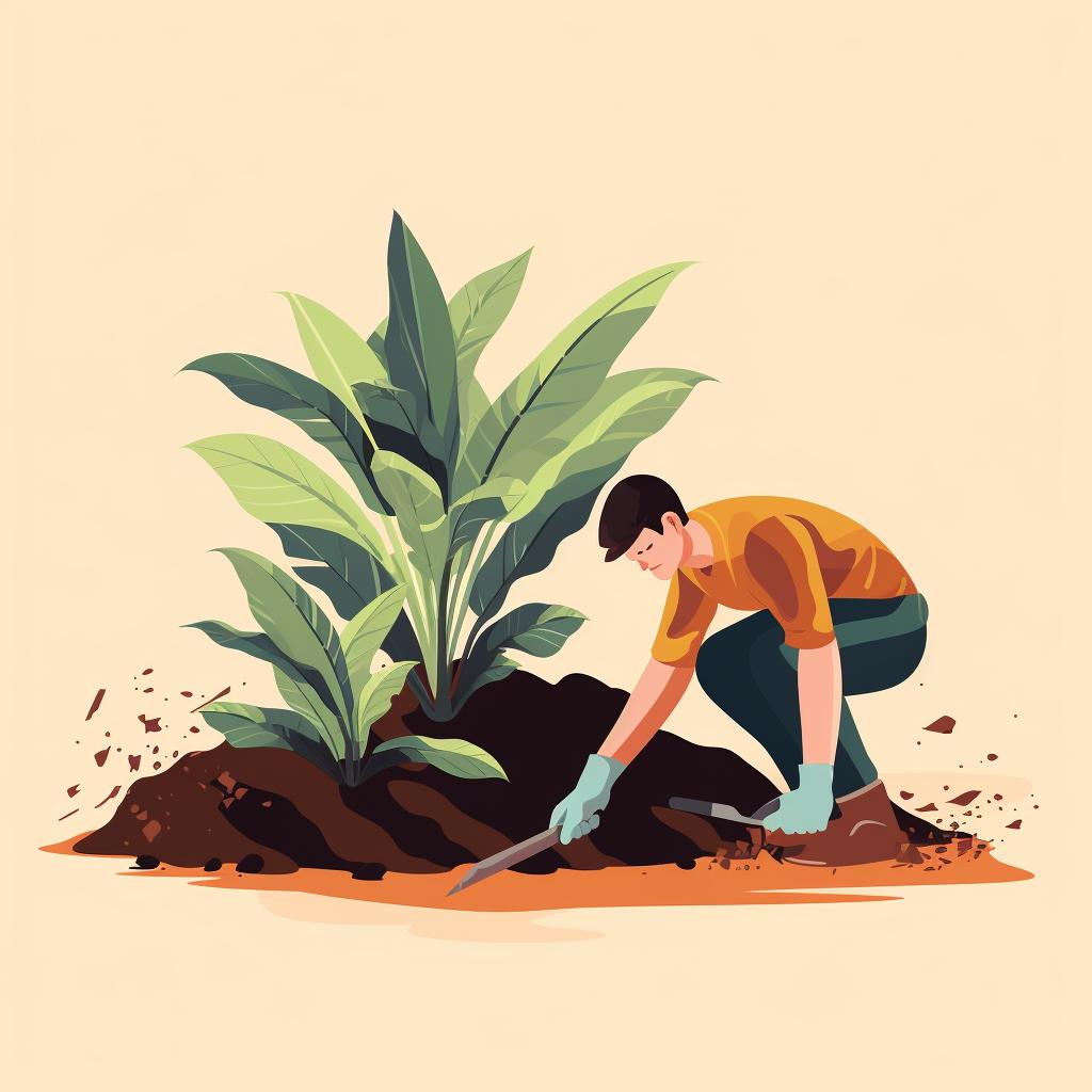 Mulch being applied around a plant