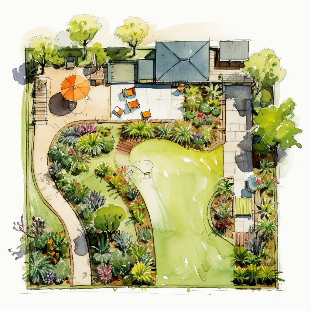 Sketch of a garden layout with noted sun and shade areas.