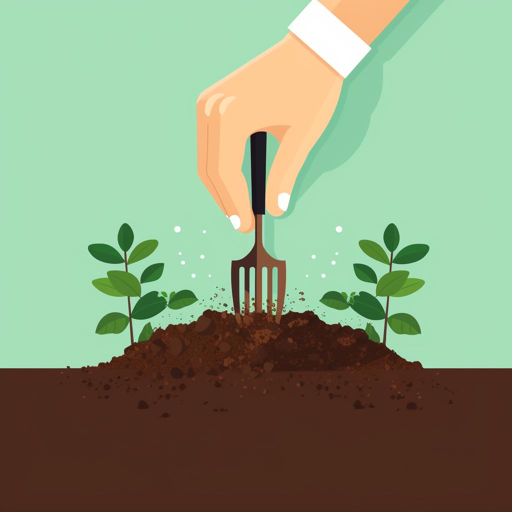 Hands using a garden fork to prepare the soil