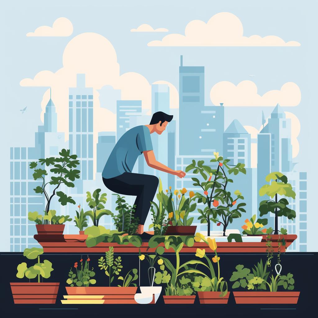 A person checking plants in a rooftop garden