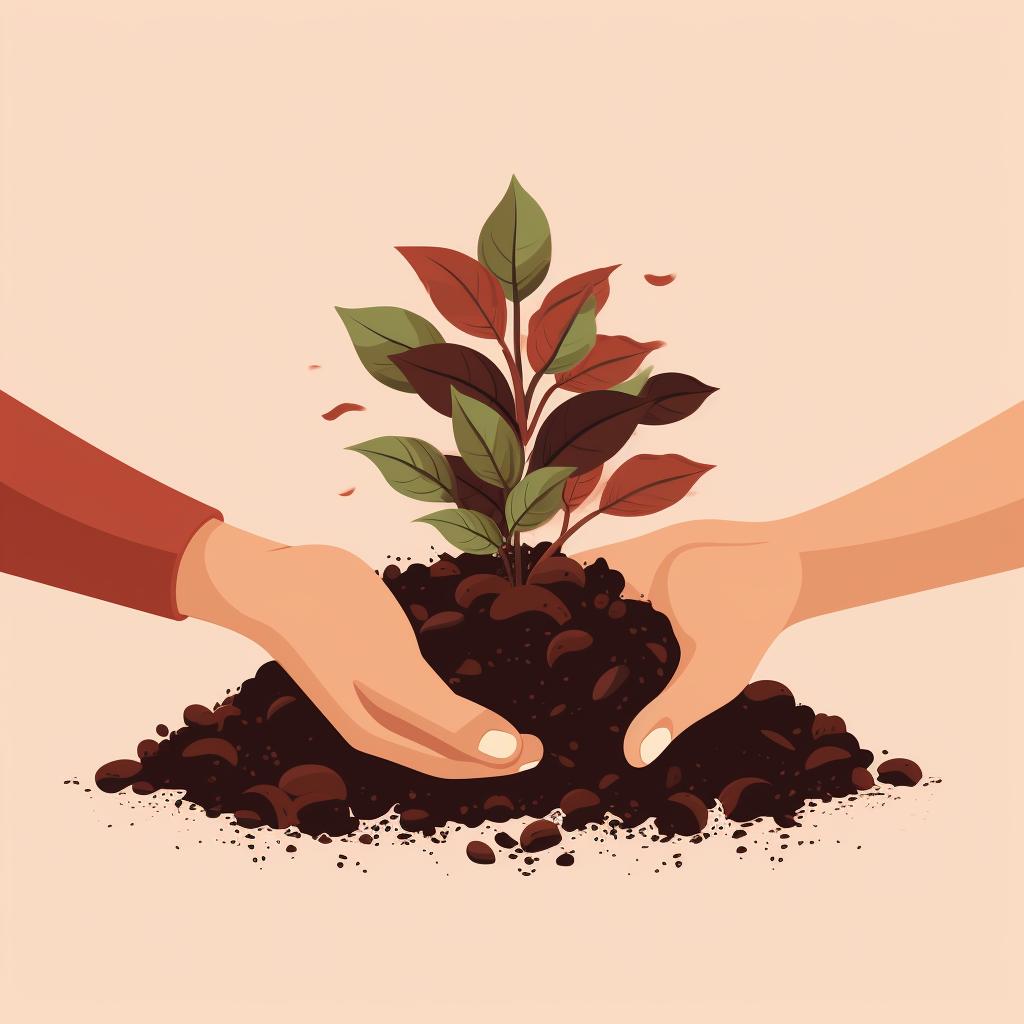 Hands spreading mulch around a plant